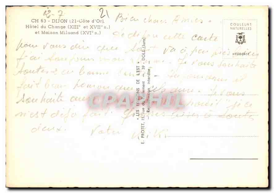 CPM Dijon Cote d'Or Hotel du Change XIII et XVII s et Maison Milsand  — Rückseite