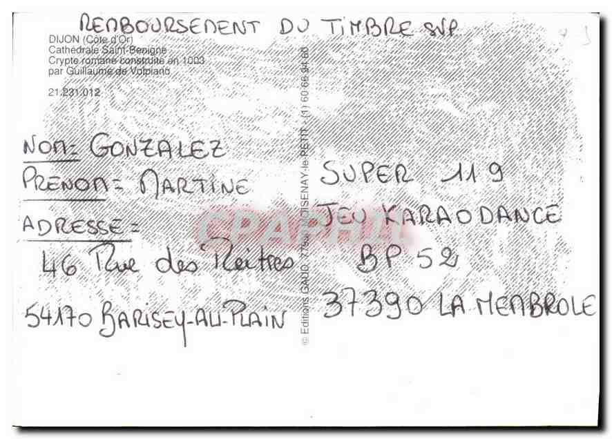 CPM Dijon Cote d'Or Cathedrale Saint Benigne Crypte romane  — Rückseite