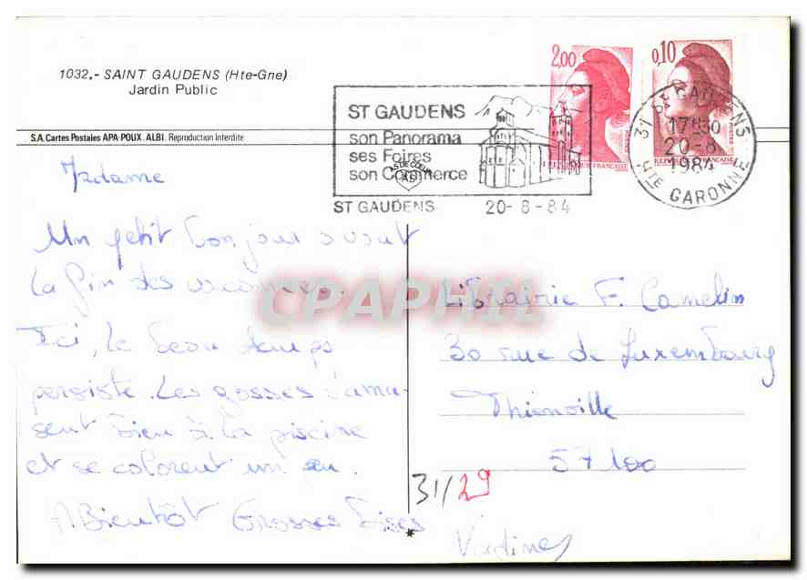 Öffentlicher Garten — Saint-Gaudens (Haute-Garonne) — S.A. Cartes Postales APA POUX, ALBI — Rückseite