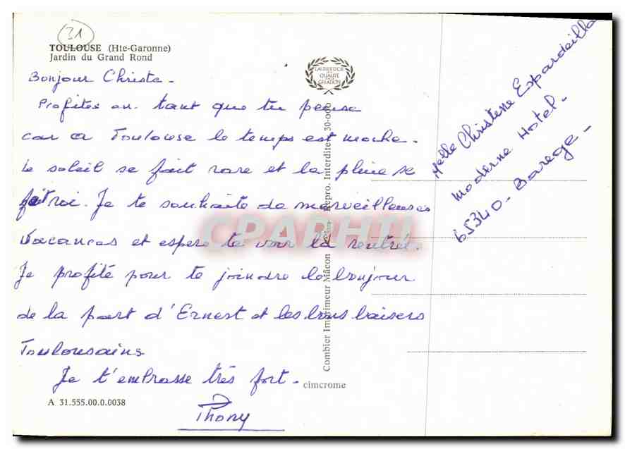 Jardin du Grand Rond — Toulouse — éditeur Combier Imprimeur — Verso