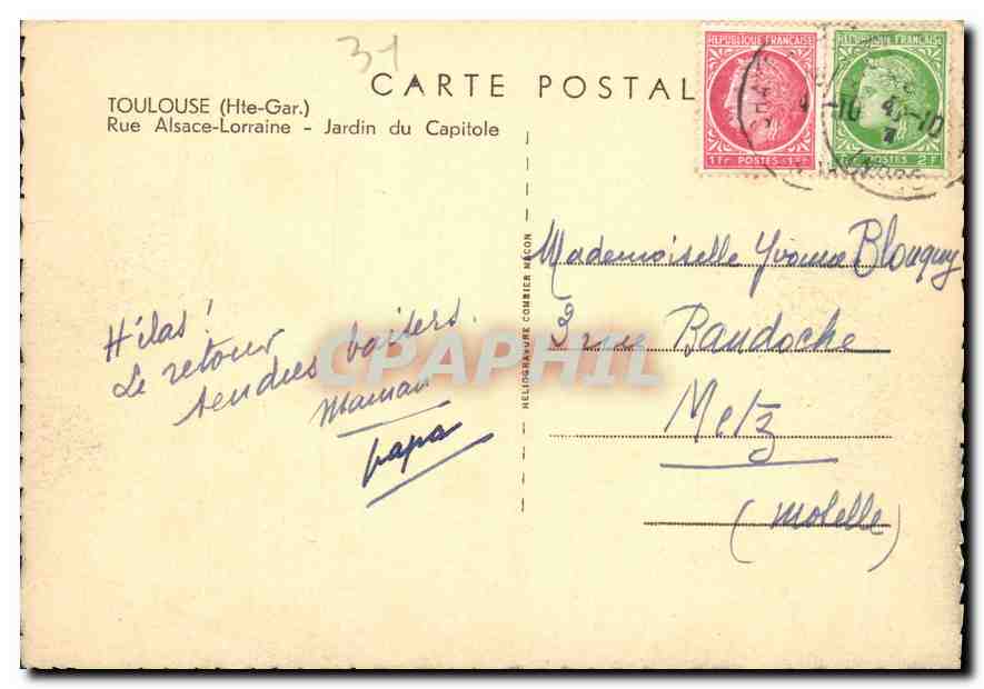 CPM Toulouse Hte gar Rue ALsace Lorraine Jardin du Capitole  — Verso