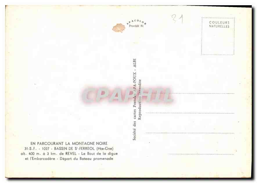 Bassin de Saint-Ferreol — Le Bout de la digue et l'Embarcadère — Départ du Bateau promenade — Société des cartes Postales A.P.A.-POUX - ALBI — Reverso