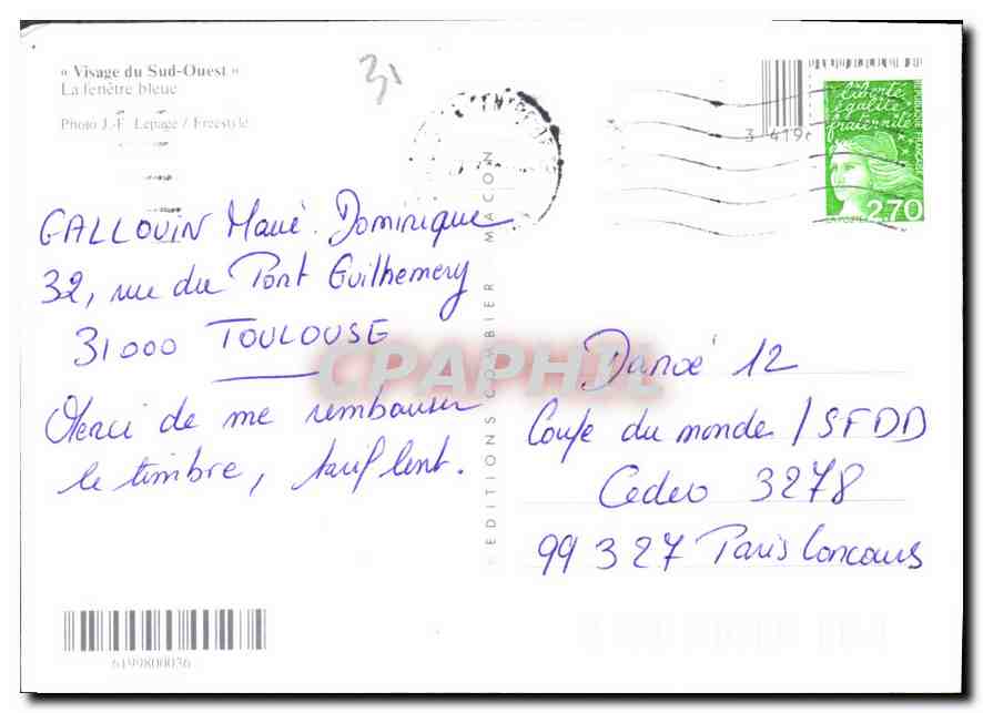 CPM Visage du Sud Ouest La Penetre bleue  — Rückseite