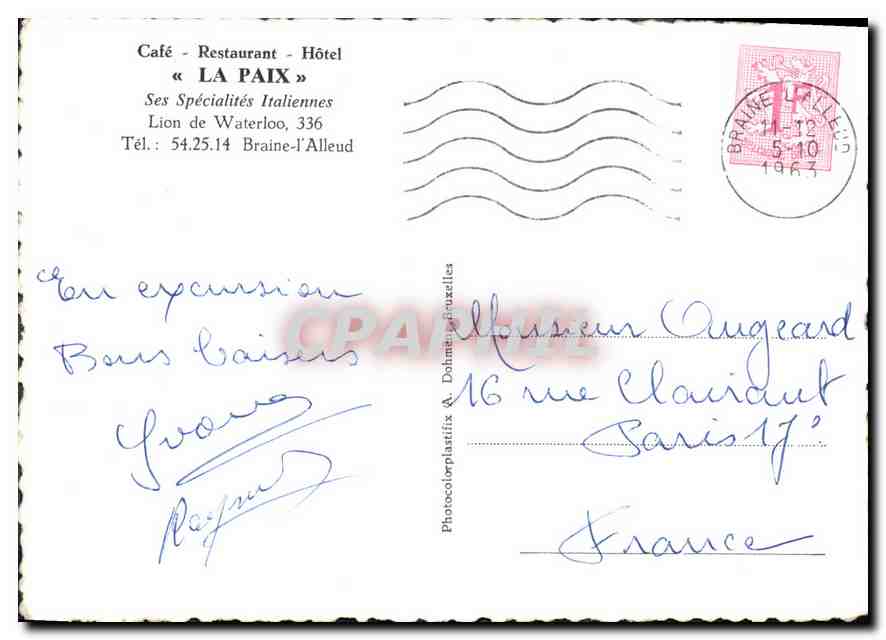 CPM Souvenir de Waterloo Napoleon Hotel de la Paix Blucher Lion — Rückseite