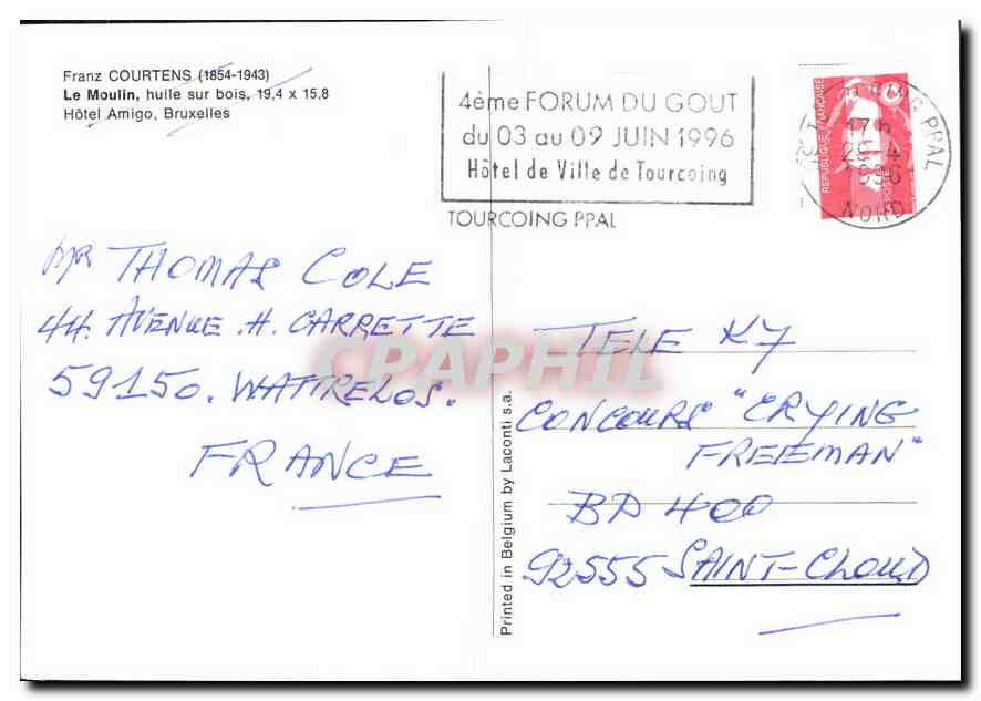 CPM Franz Courtens Le Moulin hulle sur bois  — Verso