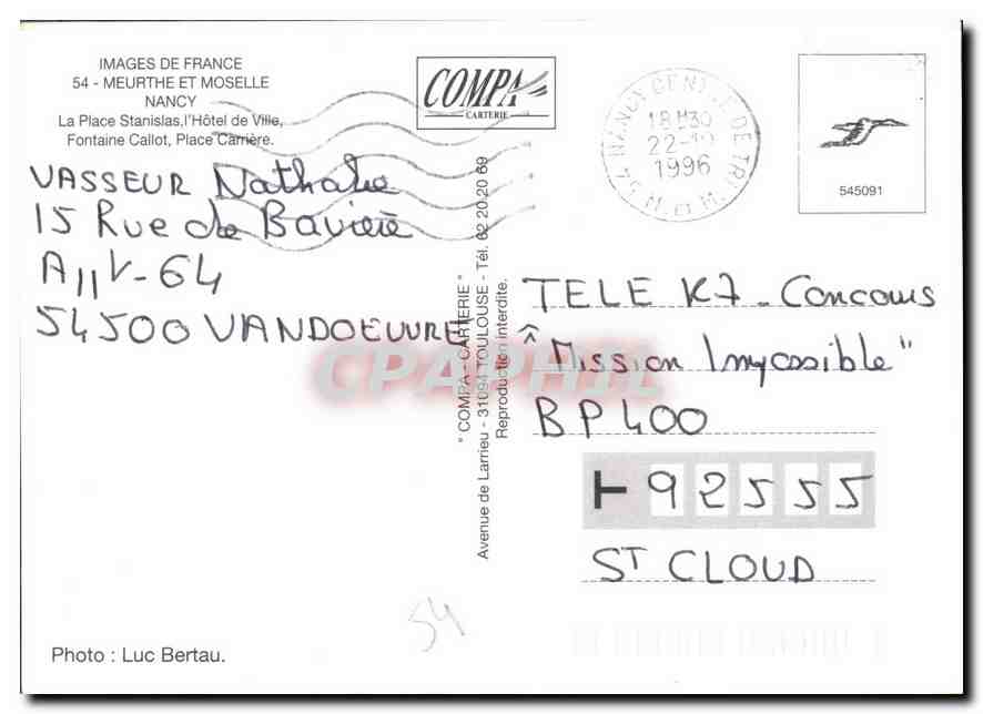 CPM Souvenirs de Nancy Meurthe et Moselle  — Verso