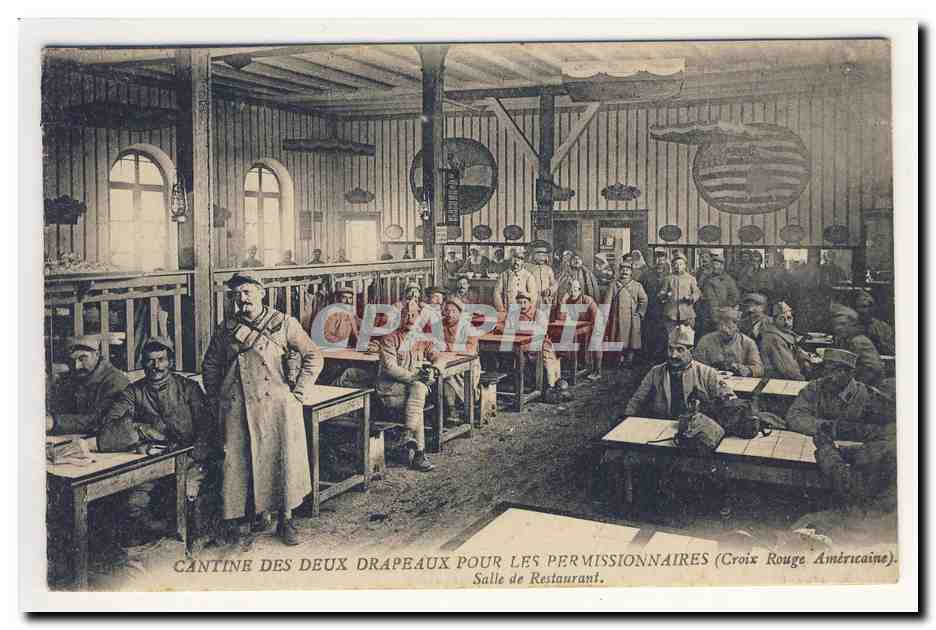Cantine des deux drapeaux pour les permissionnaires Croix Rouge Americaine American Red Cross Restaurant Animation CPA 