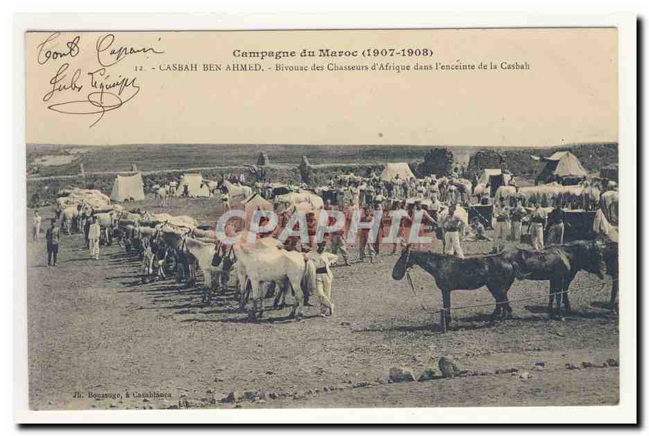 Campagne du Maroc (1907-1908) — Bivouac des Chasseurs d'Afrique dans l'enceinte de la Casbah — J. Boussogo, à Casablanca