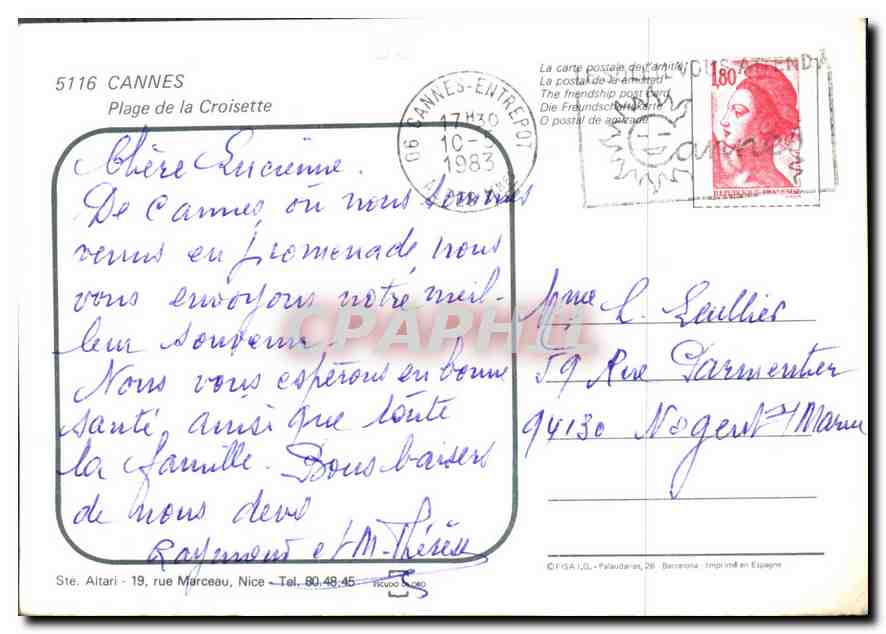 CPM Cannes Plage de la Croisette  — Verso