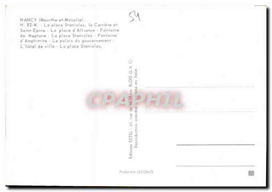 CPM Nancy Mourthe et Moselle la place Stanislav la Carriere et Saint Ervre la place d'Alliance fonta — Rückseite