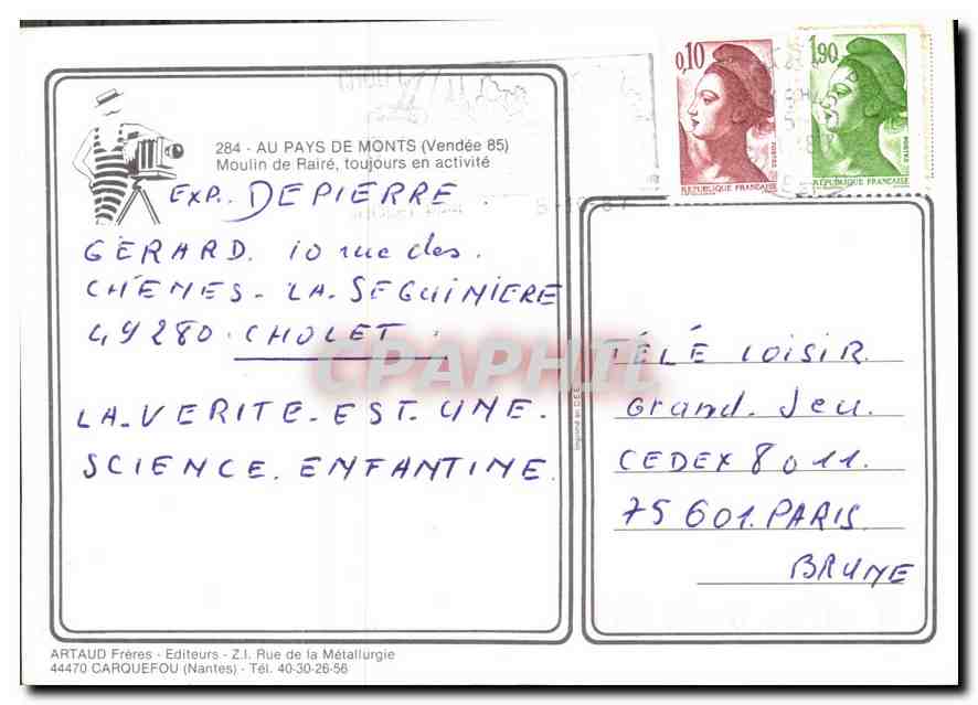 Moulin de Rairé — Vendée — Verlag ARTAUD Frères, Nr. 284 — Rückseite