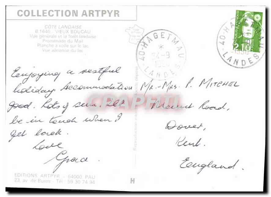CPM Collection Artpyr Landaise Vieux Boucau vue generale et la Foret Landaise Promenade du Mail vue  — Rückseite