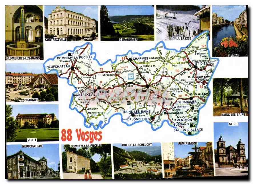 Vosges — Carte touristique avec vignettes de sites — Impressions Combier, Epinal