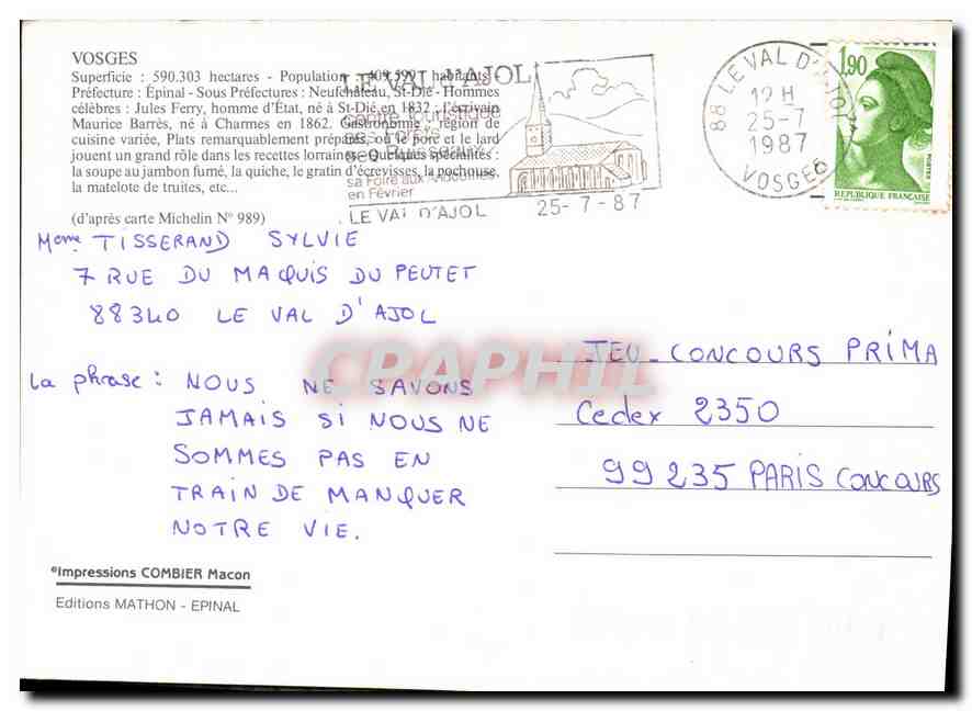 Vosges — Carte touristique avec vignettes de sites — Impressions Combier, Epinal — Rückseite