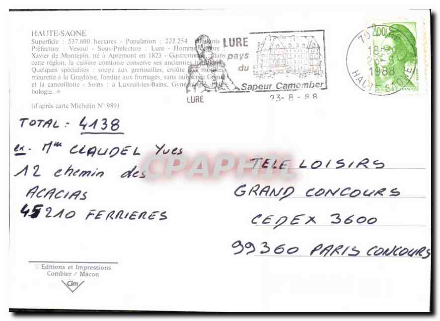 CPM Haute Saone Prefecture Vesoul sous Prefecture Lure Homme celebre Xavier de Montepin  — Rückseite