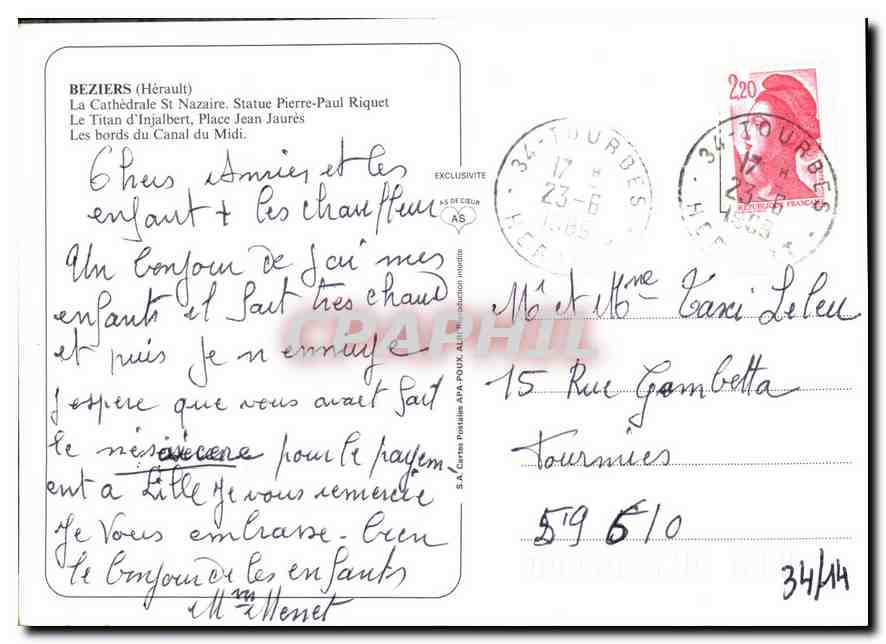 Beziers — vue panoramique et monuments — éditeur S.A. Cartes Postales RPA-POUX — Back