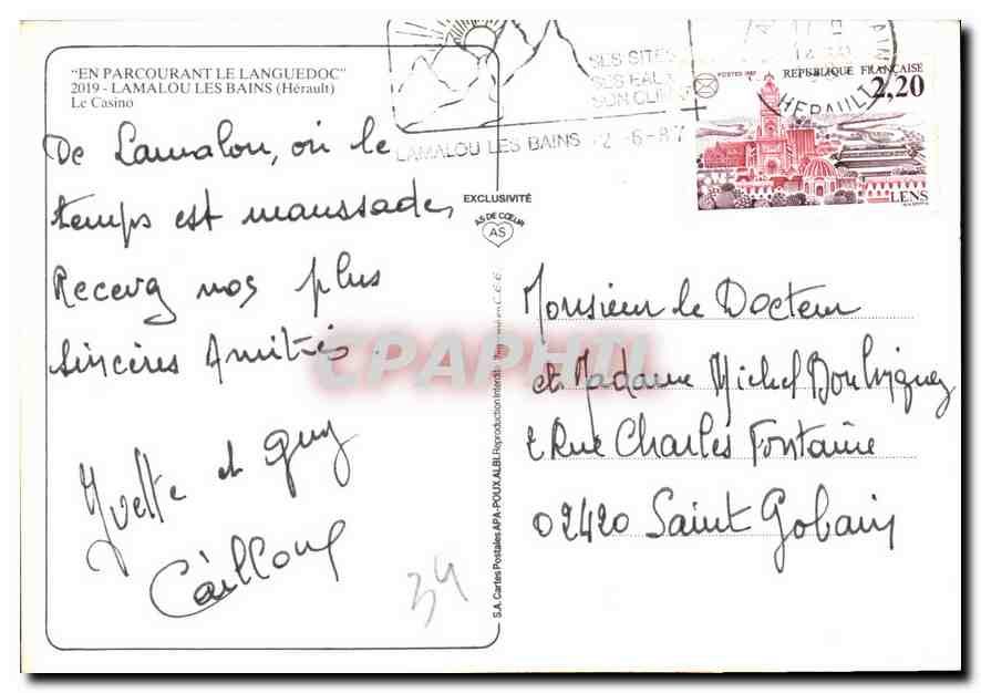 Casino de Lamalou-les-Bains — éditeur AS de Coeur, n°39 — Verso