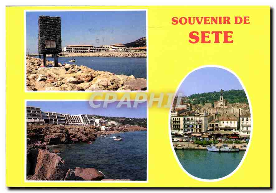 CPM Lumiere et couleurs de l'Herault Sete le monument Brassens les quilles la corniche le grand cana