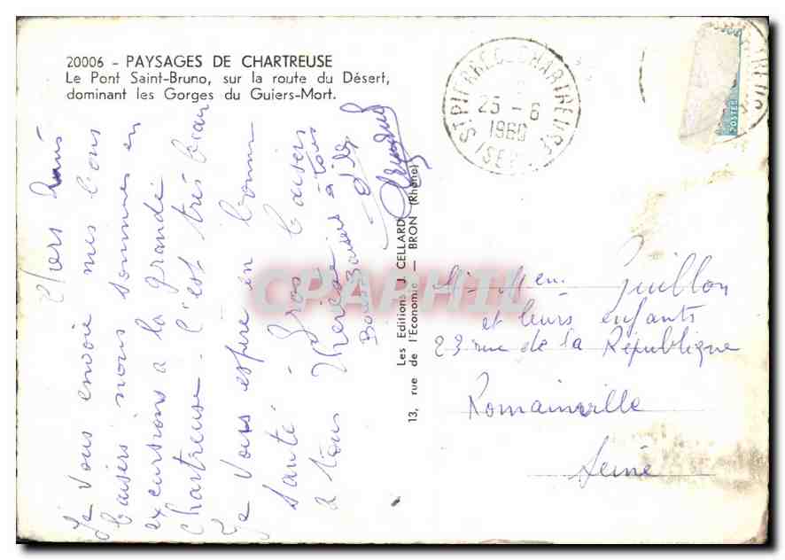 Pont Saint-Bruno — sur la route du Désert, dominant les Gorges du Guiers-Mort — Édition J. Cellard, Bron (Rhône) — Verso
