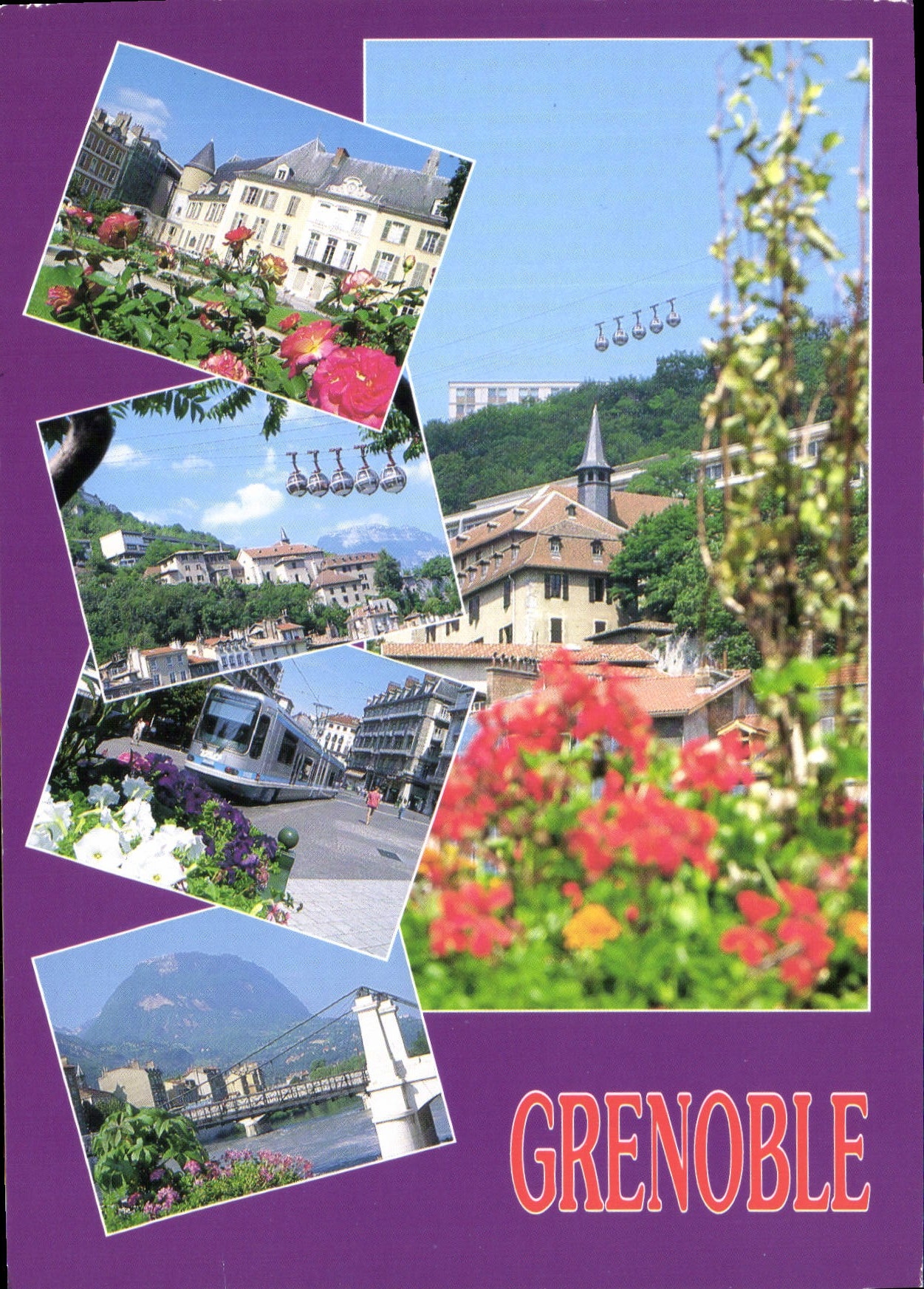 Grenoble — vue panoramique avec téléphérique, tramway et fleurs — Cliché et réalisation Éditions Echirolles