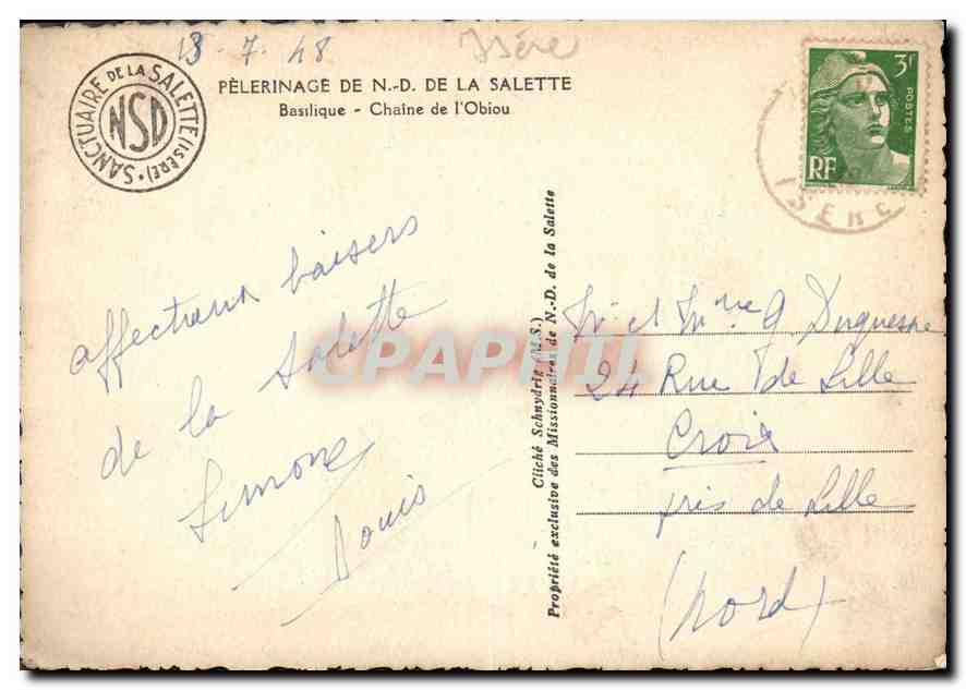 Basilique de la Salette — Pèlerinage de N.-D. de la Salette — Cliché exclusif des Missions de la Salette — Verso