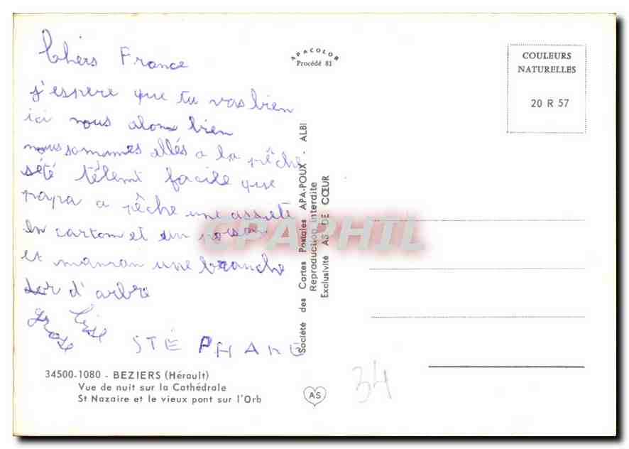 Béziers — Nachtsicht auf die Kathedrale und den alten Steinbrücke über den Orb — Société des Cartes Postales APA-POUX — Rückseite