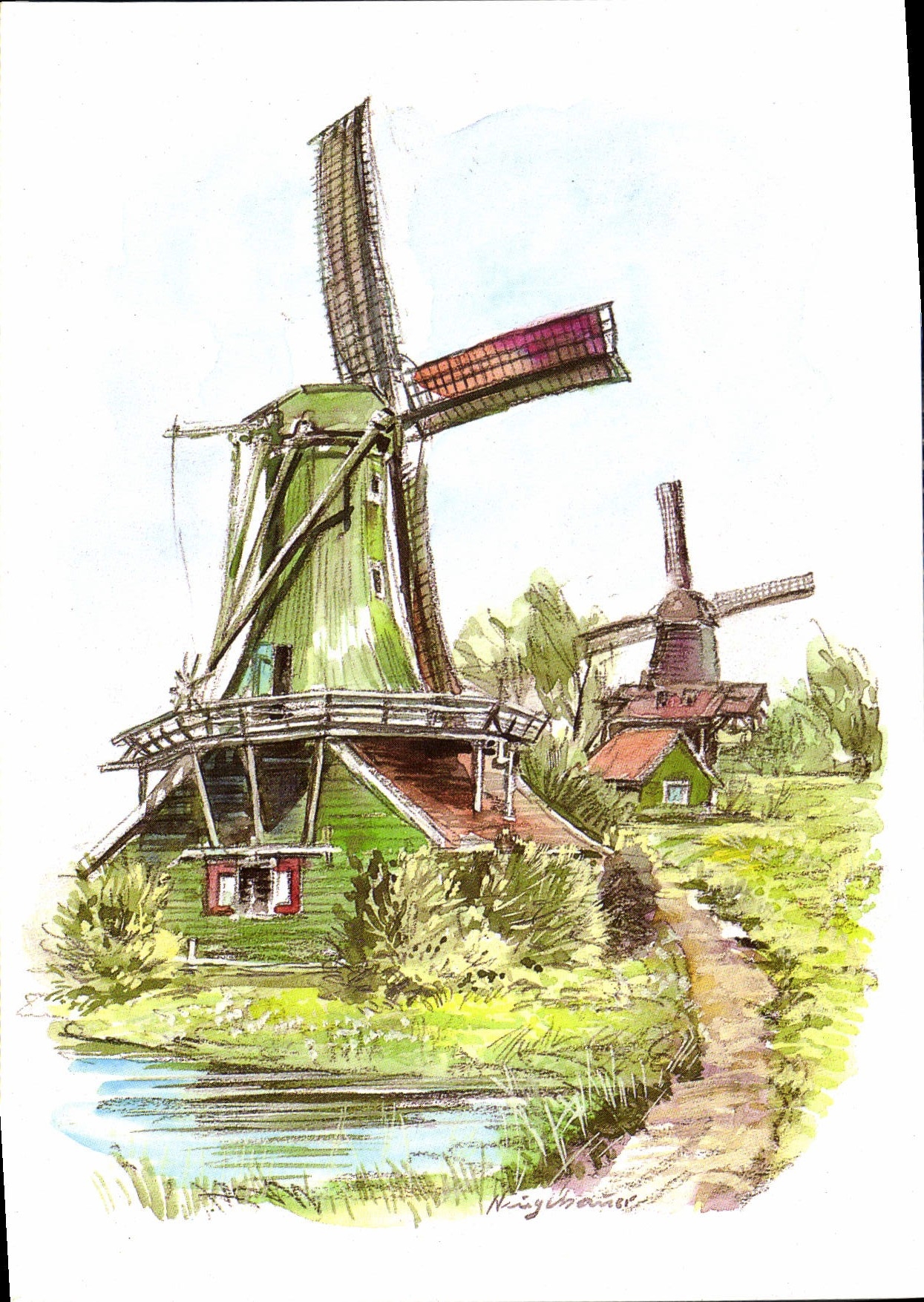 CPM Schilderll de Zaanse Schans met groene Molen de Husman op de Voorgrond 