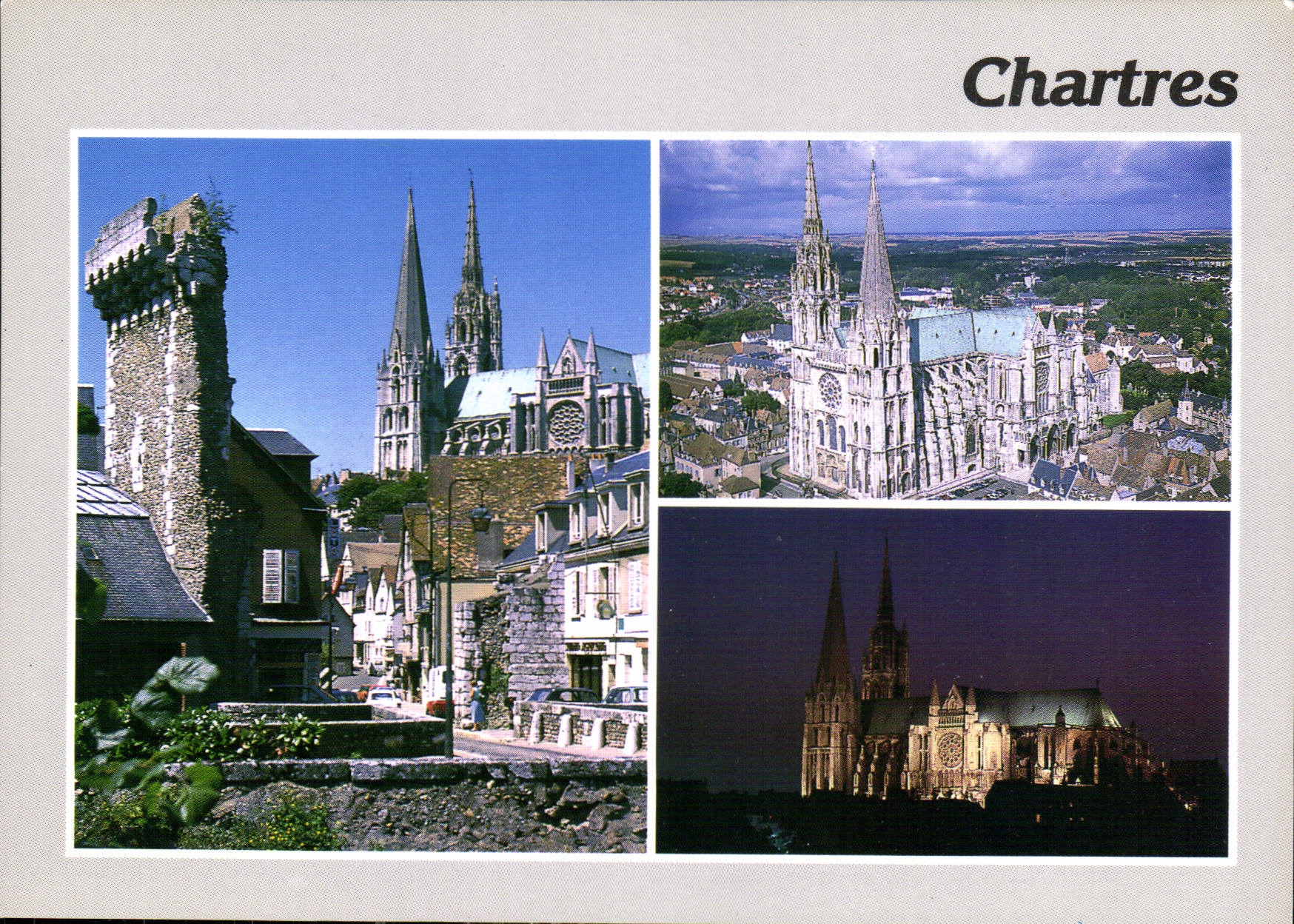 CPM Chartres E et L la Porte Guillaume la Cathedrale en vue aerienne la Cathedrale illuminee 
