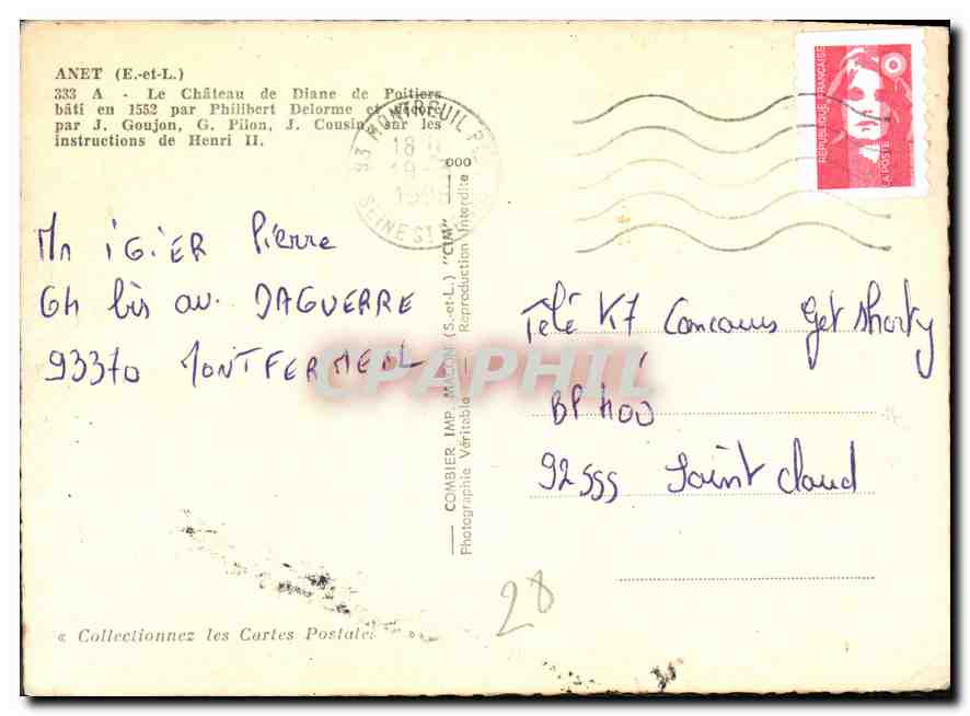 Anet - Le Château de Diane de Poitiers — éditeur C. Cuny, n° 333 A — Reverso