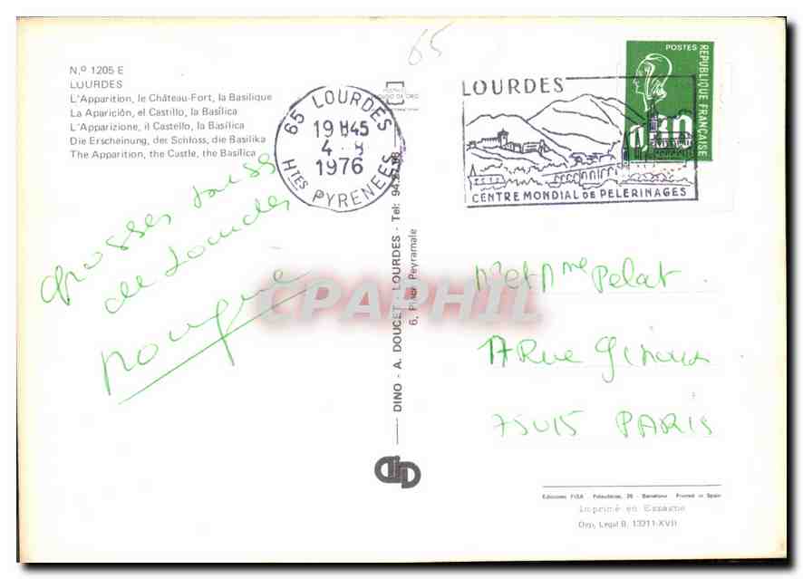 CPM Lourdes l'Apparition le Chateau fort la Basilique  — Verso