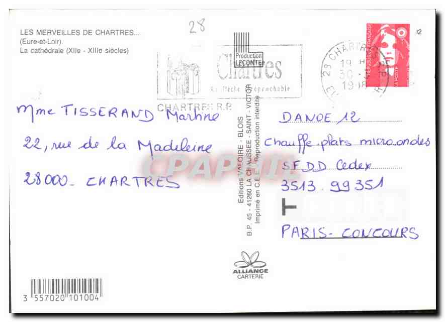 CPM Les Merveilles de Chartres Eure et loir la Cathedrale XIi XIII siecle  — Rückseite