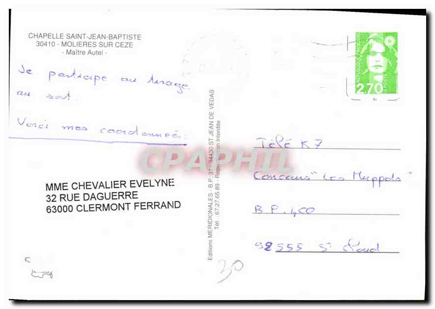 CPM Chapelle Saint jean Baptiste Molieres sur Ceze Maitre Autel  — Rückseite