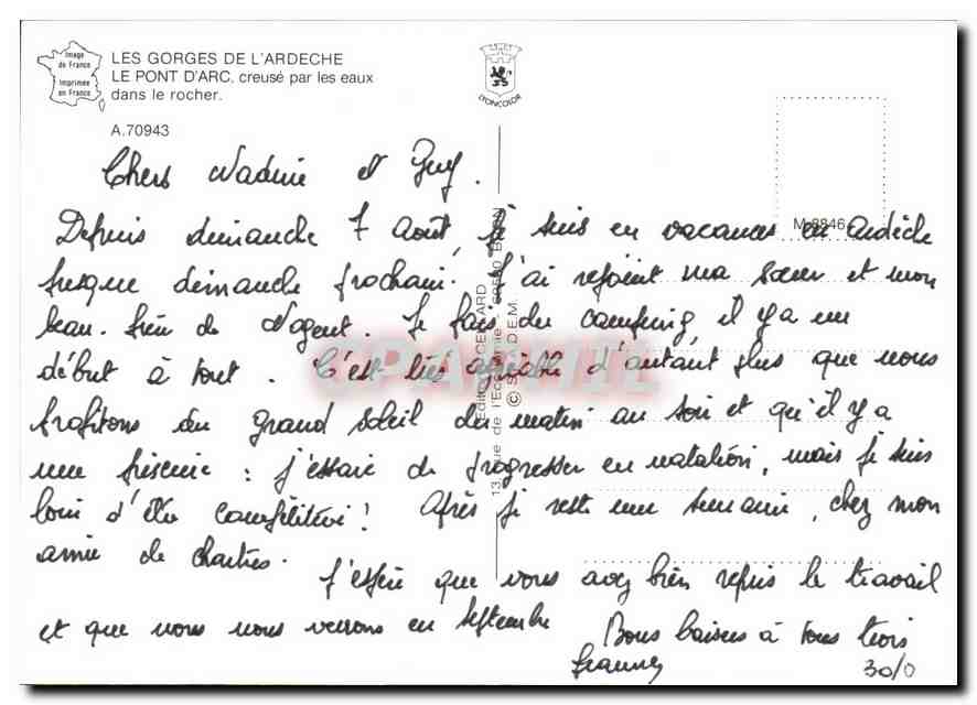 Le Pont d'Arc — Gorges de l'Ardeche — éditeur A.70943 — Verso