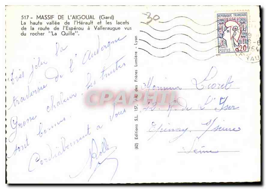 Massif de l'Aigoual (Gard) — La haute vallée de l'Hérault et les lacets de la route de l'Espérou à Valleraugue vus du rocher "La Quille" — Éditions SL, Lyon — Reverso