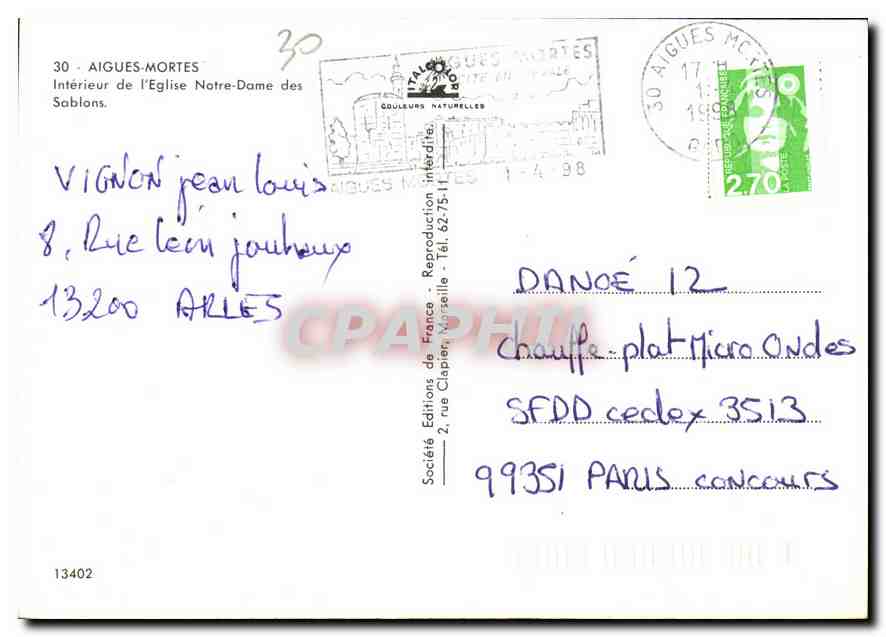 Intérieur de l'Église Notre-Dame des Sablons — Aigues-Mortes — Éditions de France — Verso