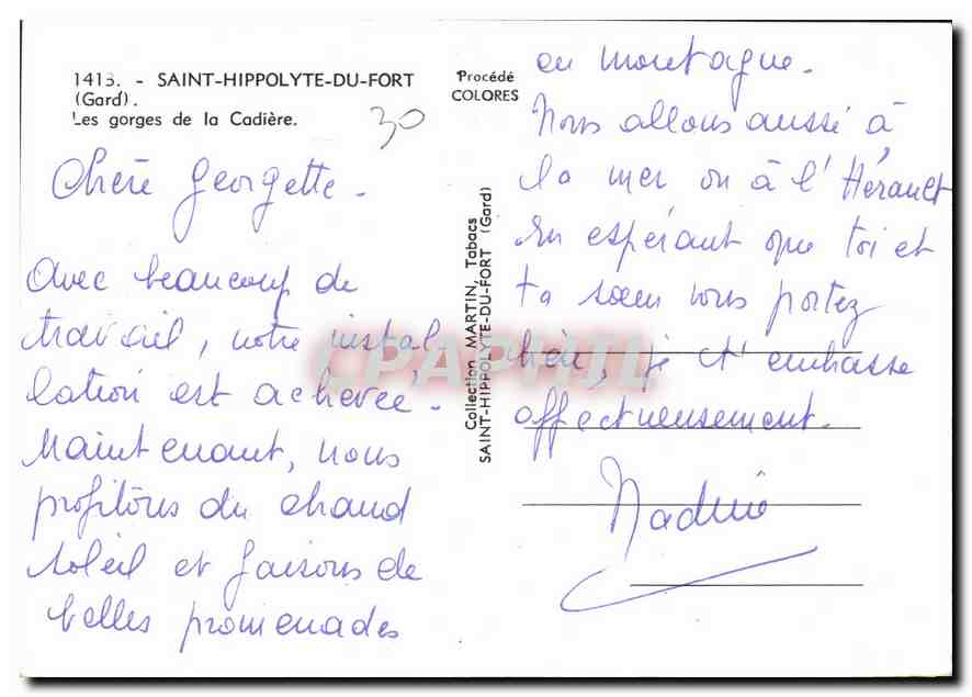 CPM Saint Hippolyte du Fort Gard Les gorges de la Cadiere  — Rückseite