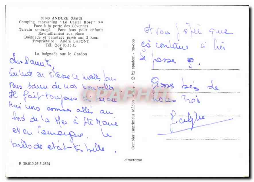 CPM Anduze Gard Camping caravaning Le Castel Rose face a la porte des Cevennes  — Rückseite
