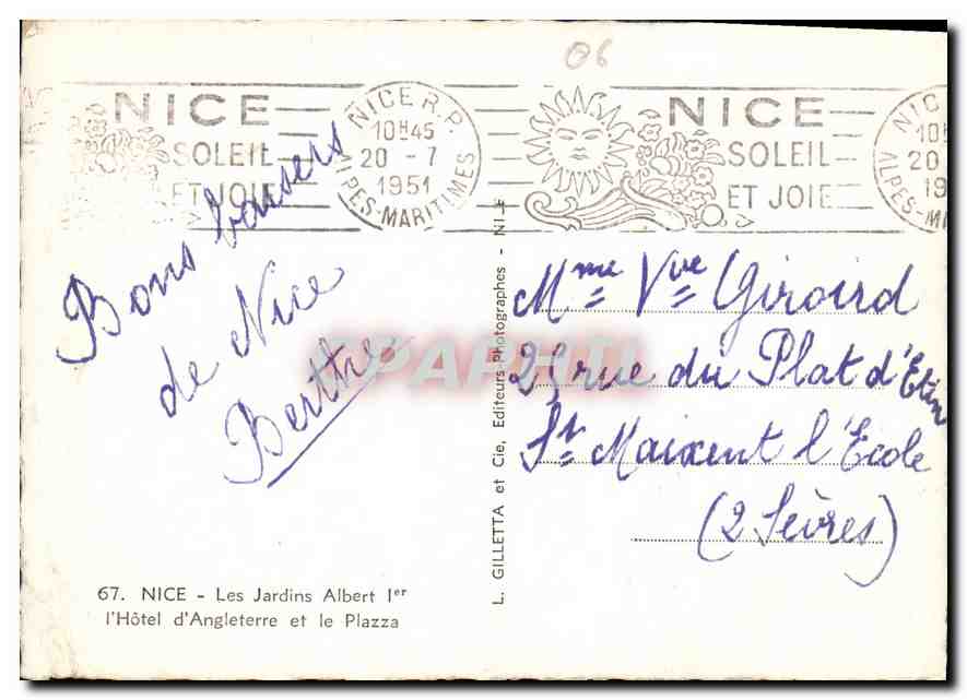 CPM Nice les Jardins Albert Ier l'Hotel d'Angleterre et le Plazza  — Rückseite