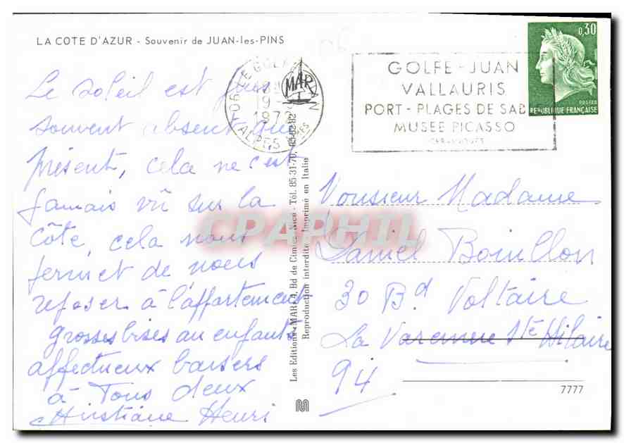 CPM La Cote d'Azur Souvenir de Juan les Pins  — Rückseite