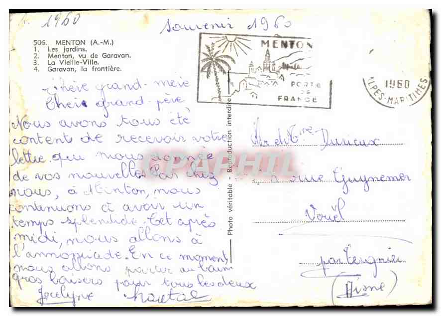 CPM Menton A M les Jardins Menton vu de Garavan la Vieille Ville Garavan la Frontiere  — Rückseite