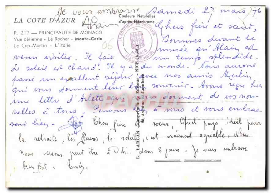 CPM La Cote d'Azur Principaute de Monaco vue aerienne le rocher Monte Carlo le cap Martin l'Italie  — Rückseite
