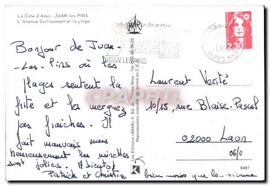 CPM La Cote d'Azur Juan les Pins l'Avenue Guillaumont et la Plage  — Rückseite