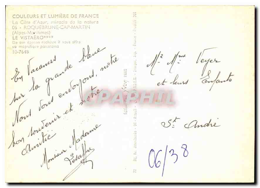 CPM La Cote d'Azur miracle de la nature Roquebrune Cap Martin Alpes Maritimes Le Vistaero  — Rückseite
