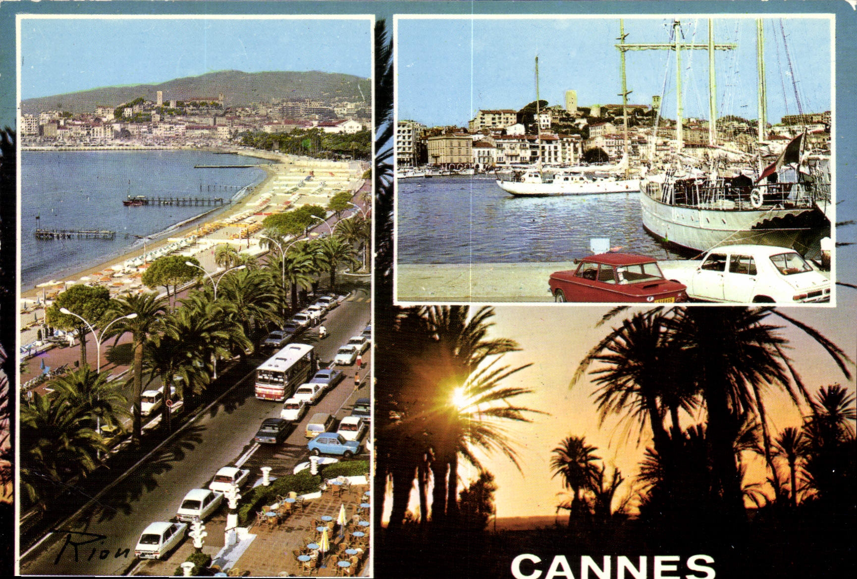 Cannes — Aussicht auf die Strandpromenade, den Hafen und den Sonnenuntergang — Verlag A. Rion, n°6