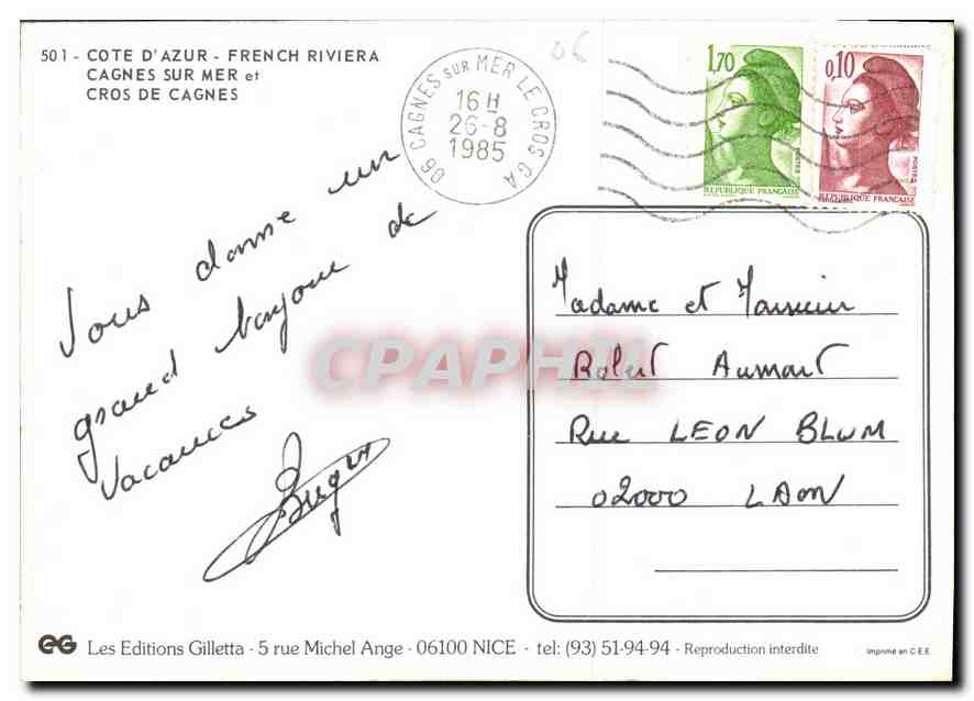 CPM Cote d'Azur Cagnes sur Mer et Cros de Cagnes  — Verso