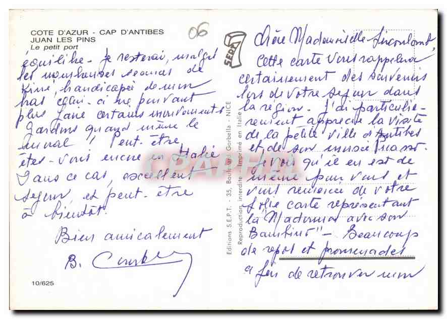 CPM Cote d'Azur Cap d'Antibes Juan les Pins le petit port  — Rückseite