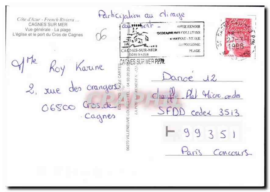 CPM Cote d'Azur French Riviera Cagnes sur mer vue generale la plage l'eglise et le port du Cros de C — Verso