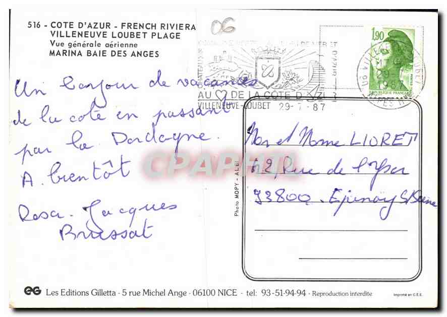 CPM Cote d'Azur French Riviera Villeneuve Loubert Plage vue generale aerienne Marine Baie des Anges  — Rückseite