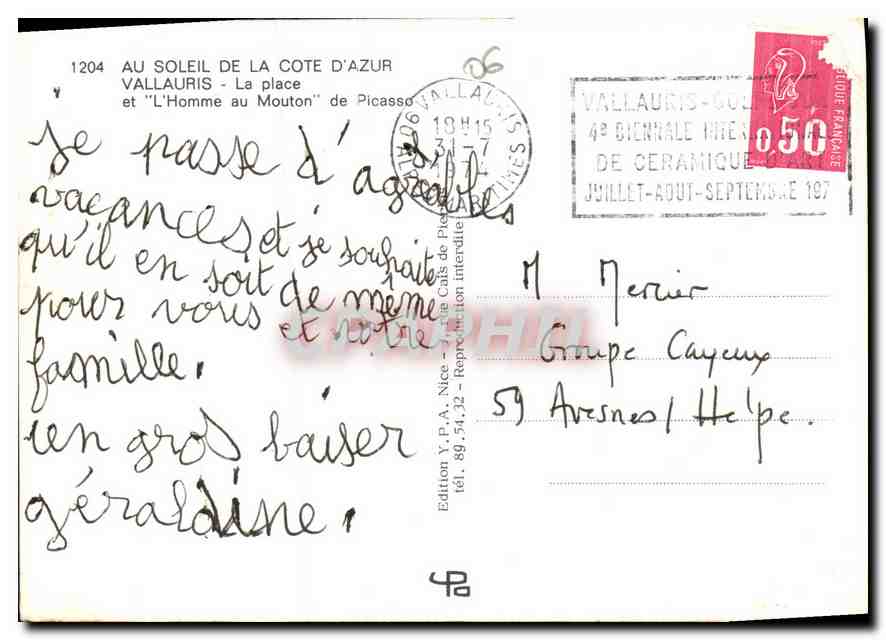 CPM Au soleil de la Cote d'Azur Vallauris la place et l'Homme au Mouton de Picasso  — Rückseite