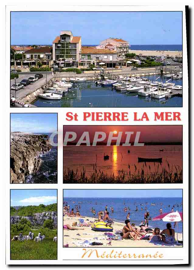 St PIERRE LA MER — vue du port, plage et coucher de soleil — CPAPHIL